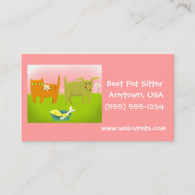 Pink and Green Dog and Cat Pet Sitting Business Card (Front)