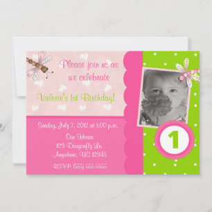 Pink and Green Dragonfly Girls Birthday Invitation