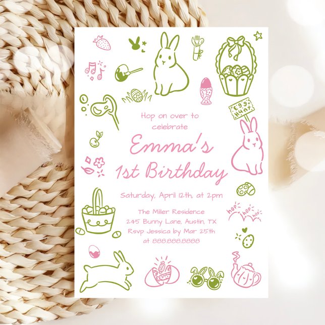 Pink and Green Easter 1st Birthday Invitation (Creator Uploaded)