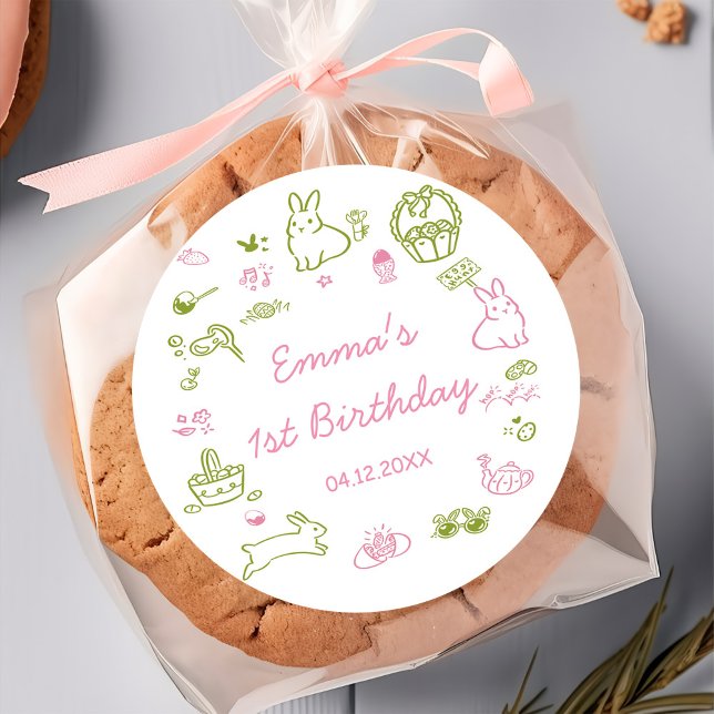 Pink and Green Easter 1st Birthday Party  Classic Round Sticker (Creator Uploaded)
