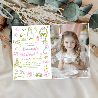 Pink and Green Easter 1st Birthday Photo Invitation