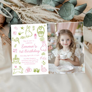 Pink and Green Easter 1st Birthday Photo Invitation
