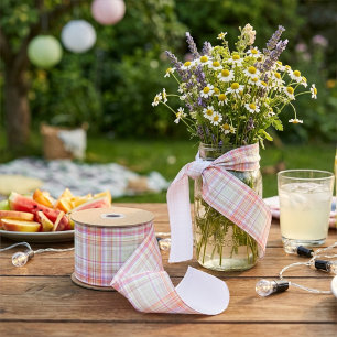 Pink and Green Elegant Modern Simple Plaid Pattern Grosgrain Ribbon