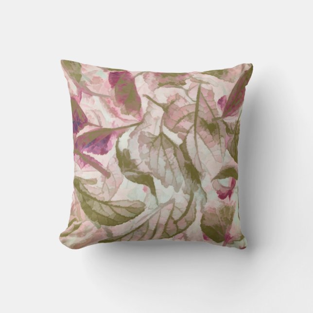 Pink and Green Fallen Leaves Cushion (Front)