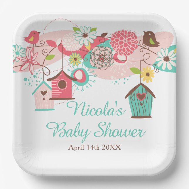Pink and Green Floral Bird Cages Baby Shower Paper Plate (Front)