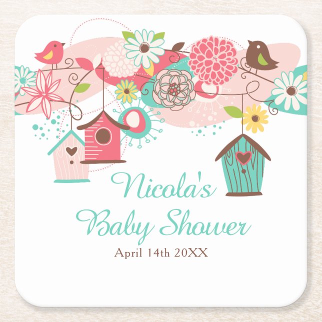 Pink and Green Floral Bird Cages Baby Shower Square Paper Coaster (Front)
