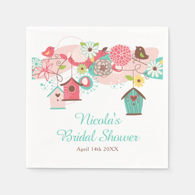 Pink and Green Floral Bird Cages Bridal Shower Napkin (Front)