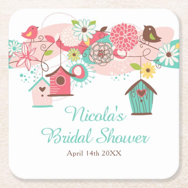 Pink and Green Floral Bird Cages Bridal Shower Square Paper Coaster (Front)