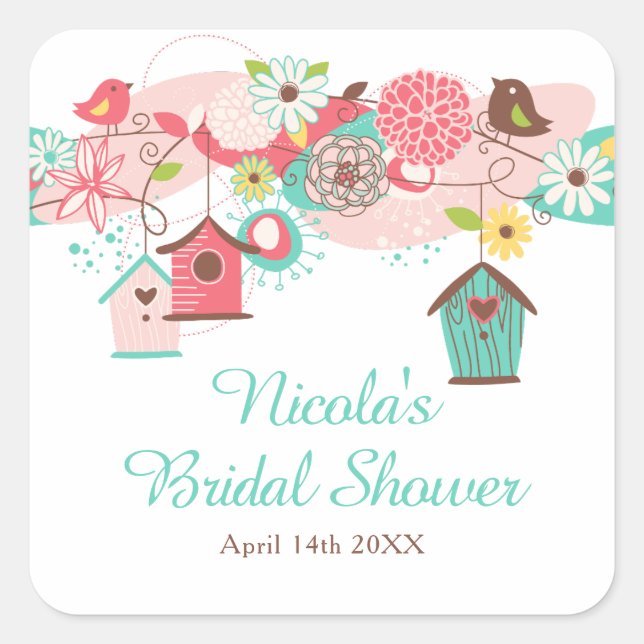 Pink and Green Floral Bird Cages Bridal Shower Square Sticker (Front)