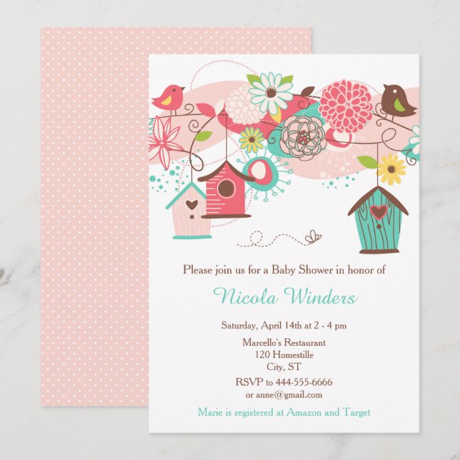 Pink and Green Floral Bird Houses Baby Shower Invitation (Front/Back)