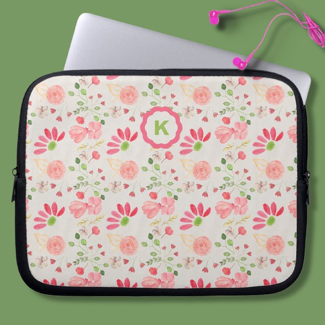 Pink and Green Floral Botanicals Monogram Laptop Sleeve (Creator Uploaded)