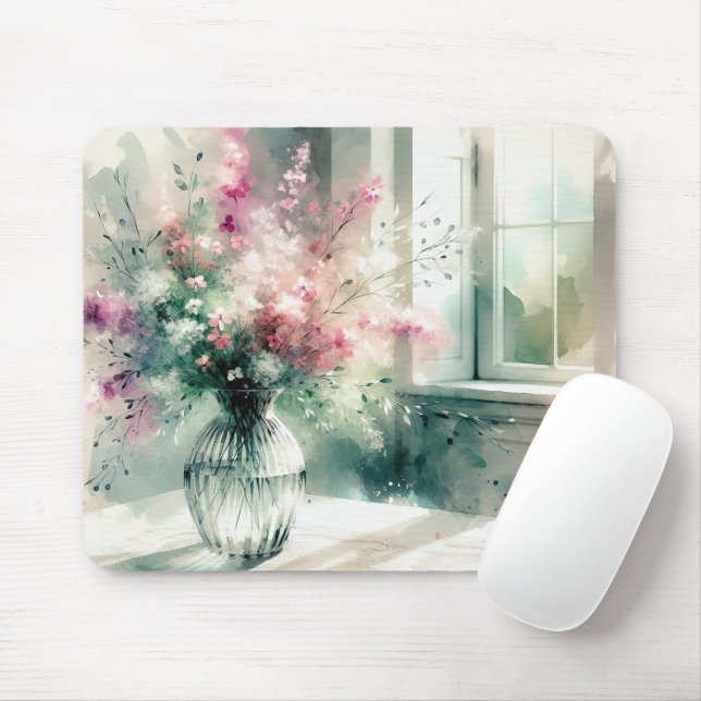 Pink And Green Floral Bouquet Mouse Pad (With Mouse)