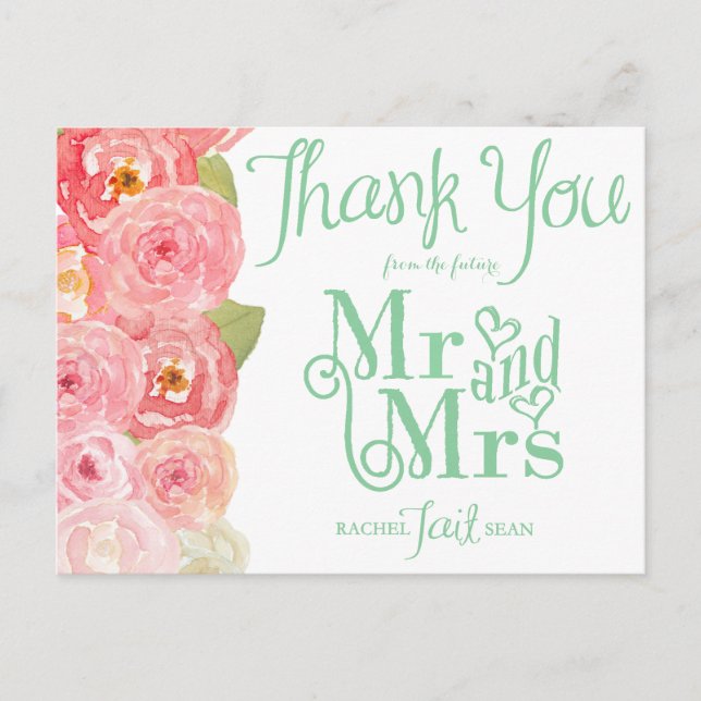 Pink and Green Floral Bridal Shower Thank You Postcard (Front)