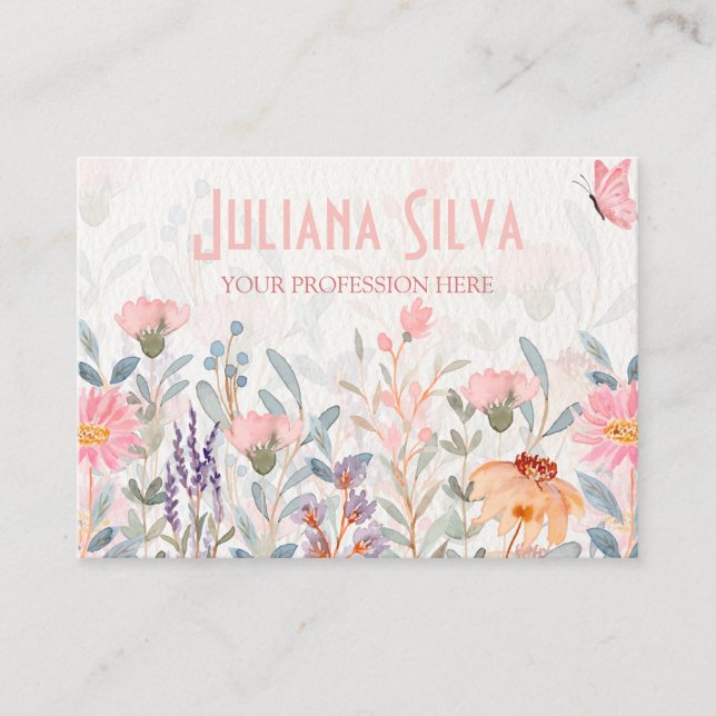 Pink and Green Floral Butterfly with QR Business Card (Front)