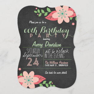 Pink and Green Floral Chalkboard Birthday Party Invitation
