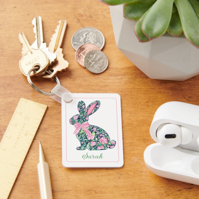 Pink and Green Floral Chinoiserie Bunny With Bow Key Ring (Desk)