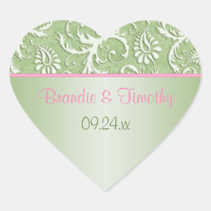 Pink and Green Floral Damask 1.5" Heart Sticker