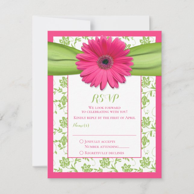 Pink and Green Floral Damask Wedding Reply Card (Front)