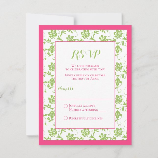 Pink and Green Floral Damask Wedding Reply Card (Front)