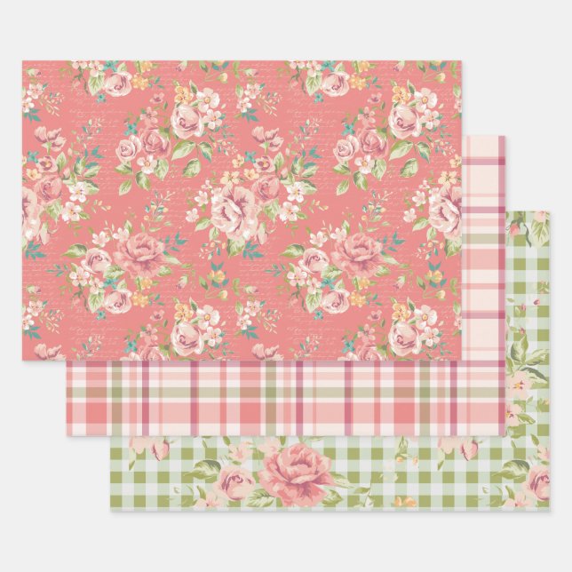 Pink and Green floral design wrapping paper sheets (Set)
