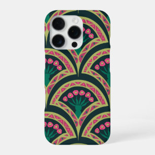 Pink and Green Floral Fan Pattern iPhone 16 Pro Case