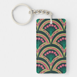 Pink and Green Floral Fan Pattern Key Ring
