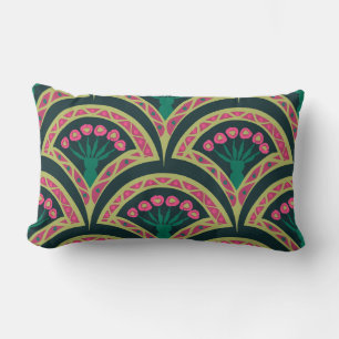 Pink and Green Floral Fan Pattern Lumbar Cushion