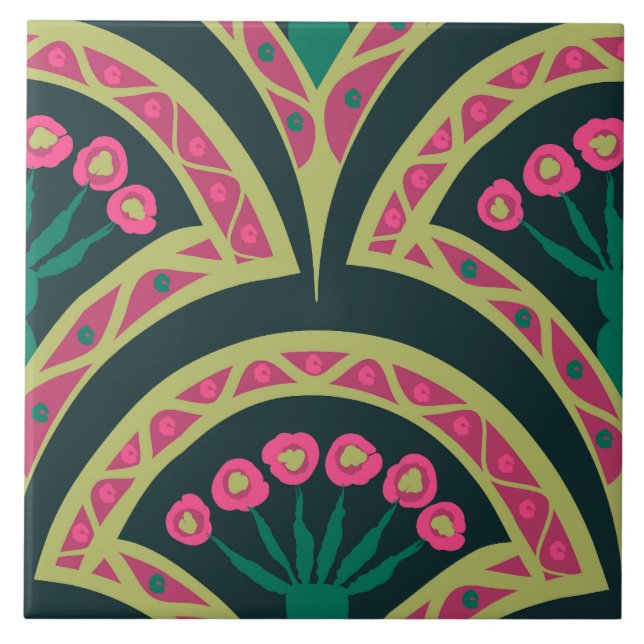 Pink and Green Floral Fan Pattern Tile (Front)