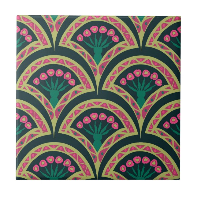 Pink and Green Floral Fan Pattern Tile (Front)