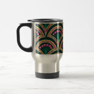 Pink and Green Floral Fan Pattern Travel Mug