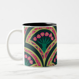 Pink and Green Floral Fan Pattern Two-Tone Coffee Mug