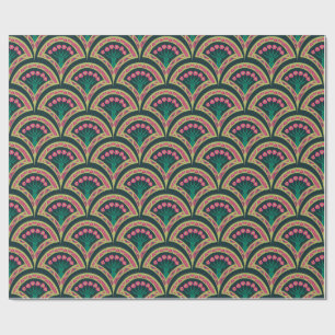 Pink and Green Floral Fan Pattern Wrapping Paper