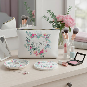 Pink and green floral heart personalised accessory pouch