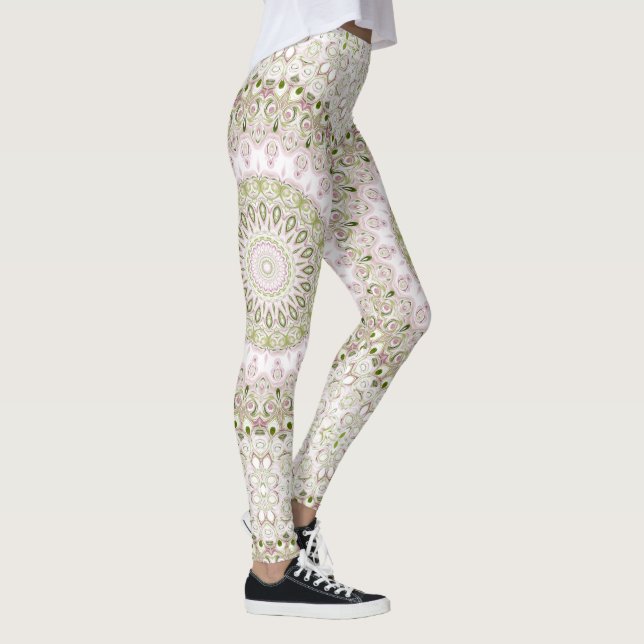 Pink and Green Floral Mandala Pattern Design Leggings (Right)