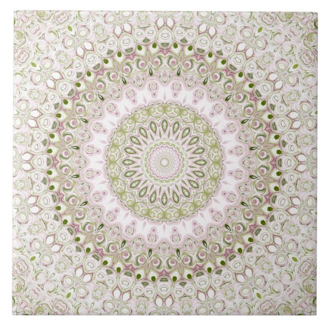Pink and Green Floral Mandala Pattern Design Tile (Front)
