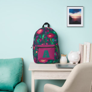 Pink and green floral monogram printed backpack