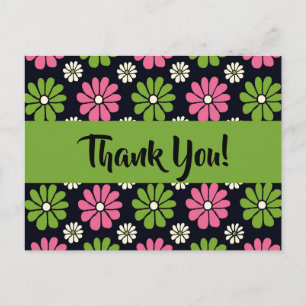 Pink and Green Floral on Black Thank You Postcard