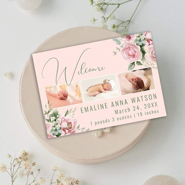 Pink And Green Floral Photo Baby Announcement  (Pink Floral Watercolor photo birth announcement for baby girl.)