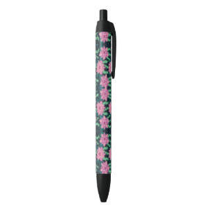 Pink and Green Floral Print on Black Ink Pen