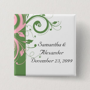 Pink and Green Floral Swirl Wedding 15 Cm Square Badge