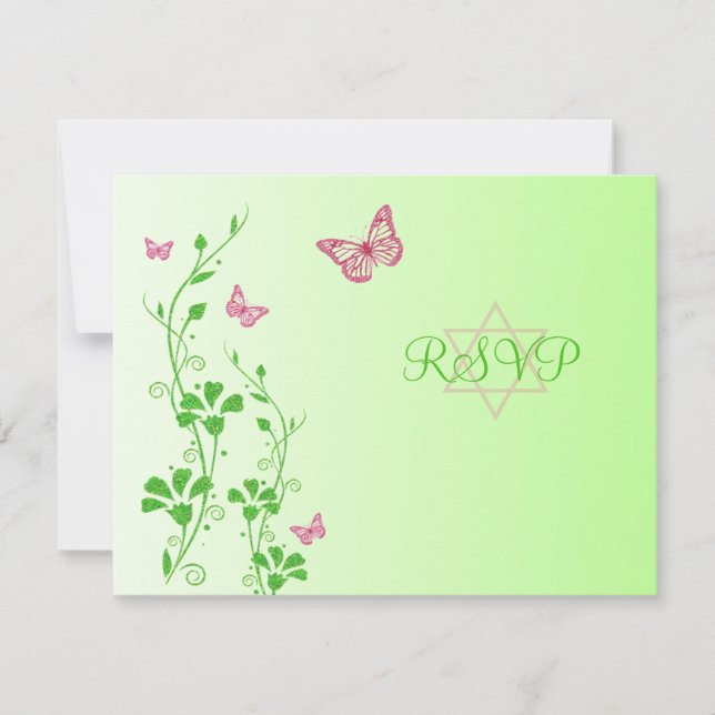 Pink and Green Floral with Butterflies Reply Card (Front)