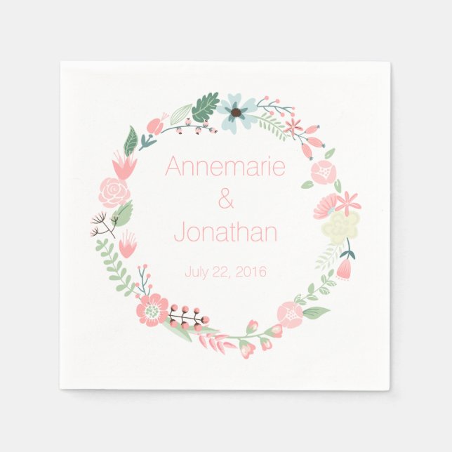 Pink and Green Floral Wreath Pattern Paper Napkins (Front)