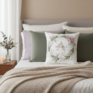 Pink and green floral wreath personalised cushion