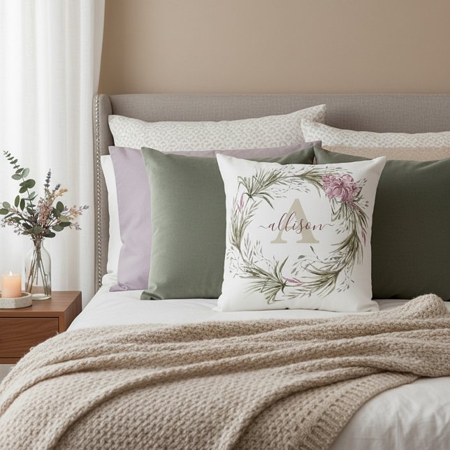 Pink and green floral wreath personalised cushion (Creator Uploaded)