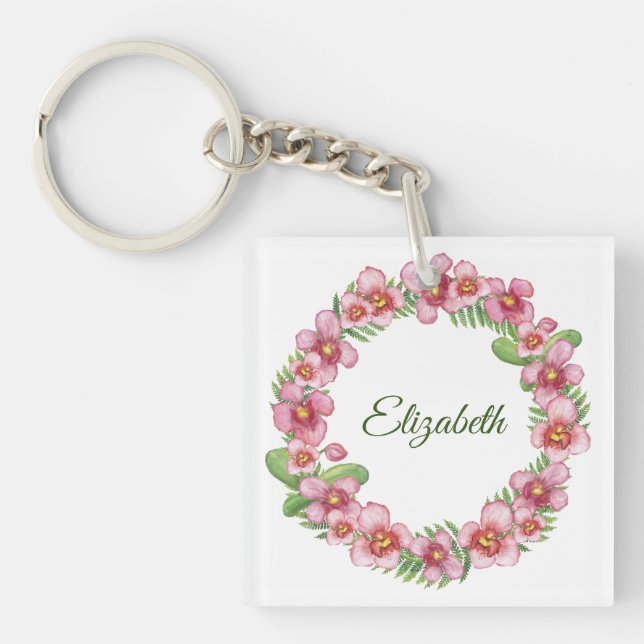 Pink and Green Floral Wreath Personalised Key Ring (Front)