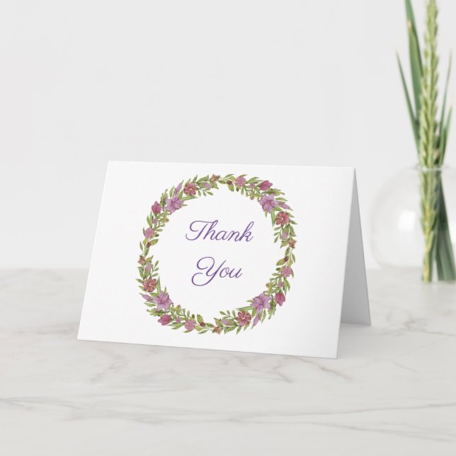 Pink and Green Floral Wreath Thank you Card (Front)