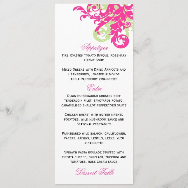 Pink and Green Flourish Menu Card (Back)