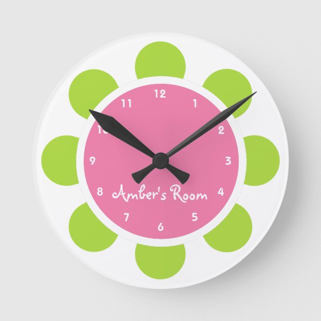 Pink and Green Flower Kid's Bedroom Round Clock (Front)