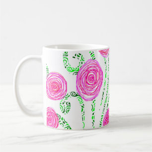 Pink and Green Flower Vines Coffee Mug