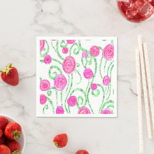Pink and Green Flower Vines Napkin